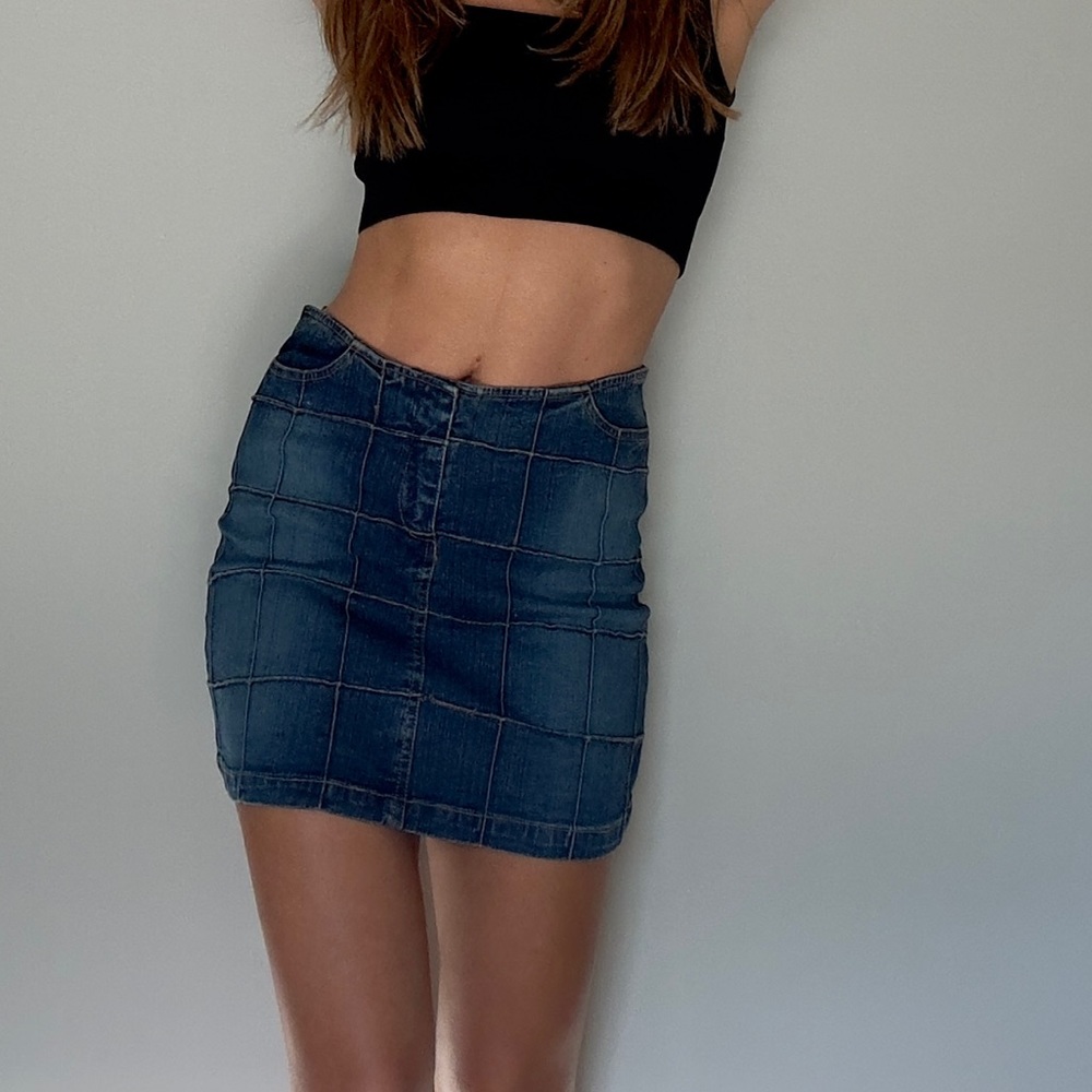 Y2k Checkered Patchwork Denim Skirt - Vintage Style Size 1 - Picture 2 of 13